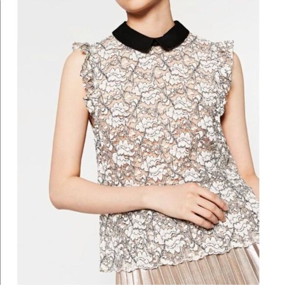 Zara Lace Sleeveless Top Sheer Peter Pan Collar Victorian Romantic Modest - Picture 1 of 10
